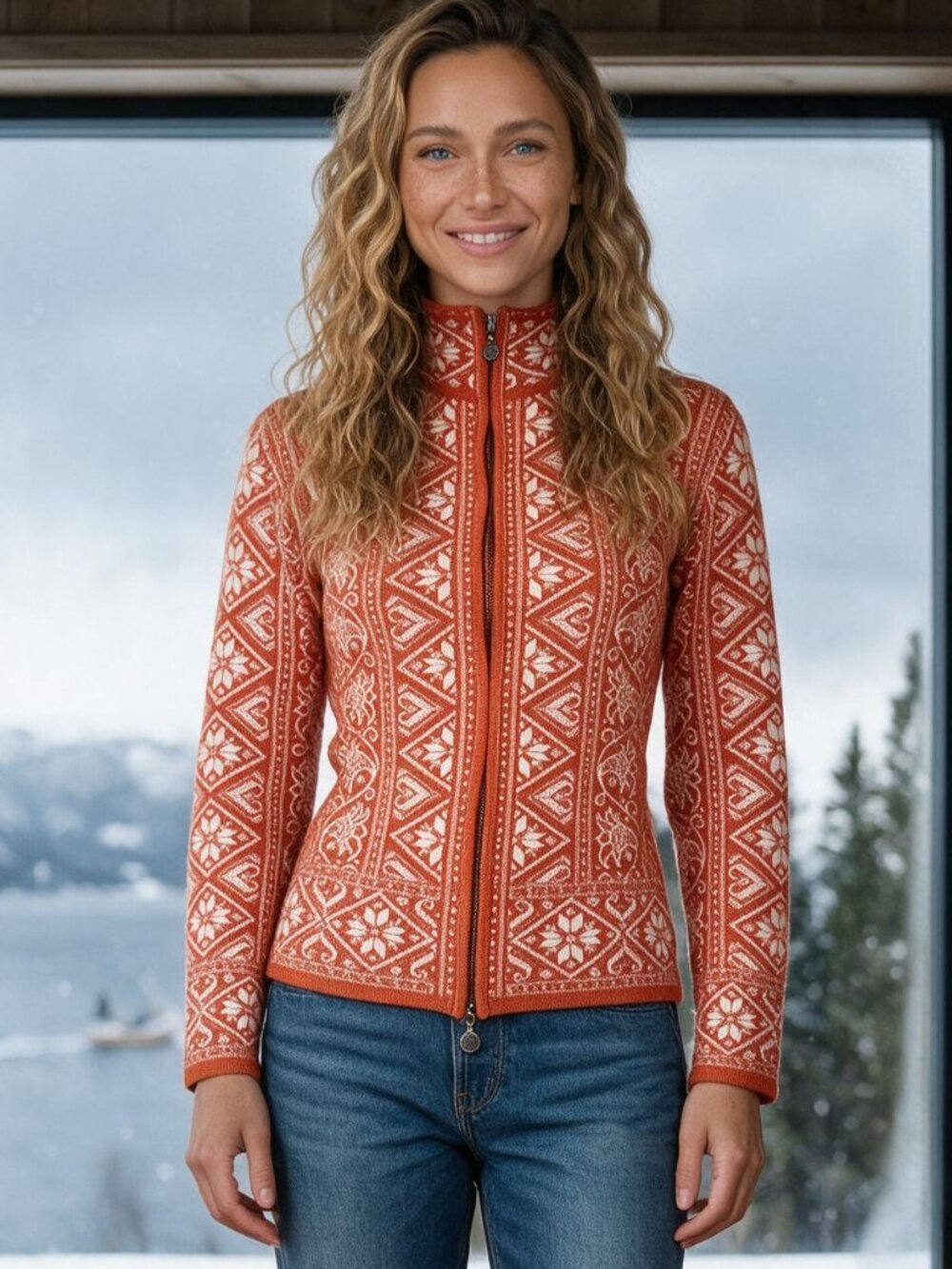 RARE Neve Winter Snow Ski Sweater, 100% wool, peach, coral, cream Nordic print S